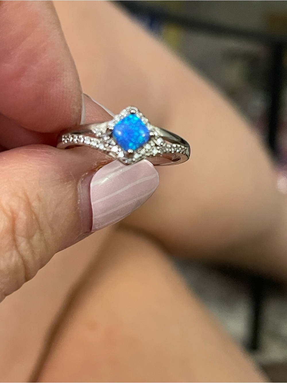 Blue Opal Halo Silver Ring - Elegant Women's Jewelry - size 8